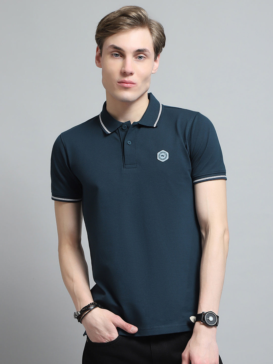 Men Teal Blue Solid Collar Half Sleeve T-Shirt