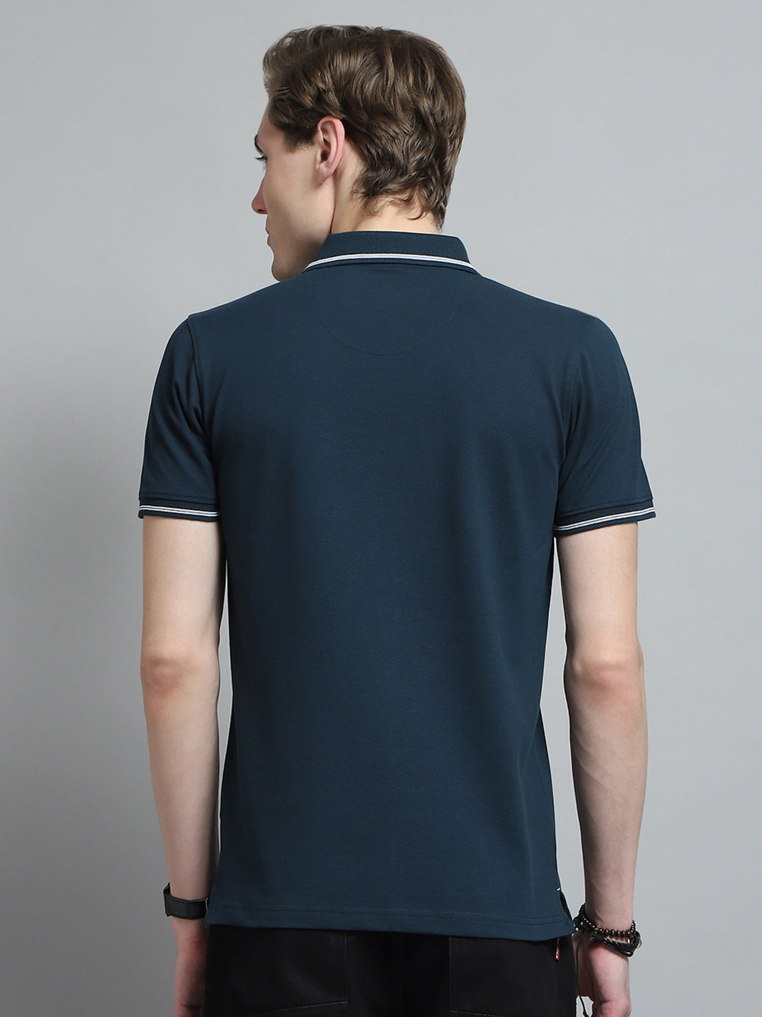 Men Teal Blue Solid Collar Half Sleeve T-Shirt