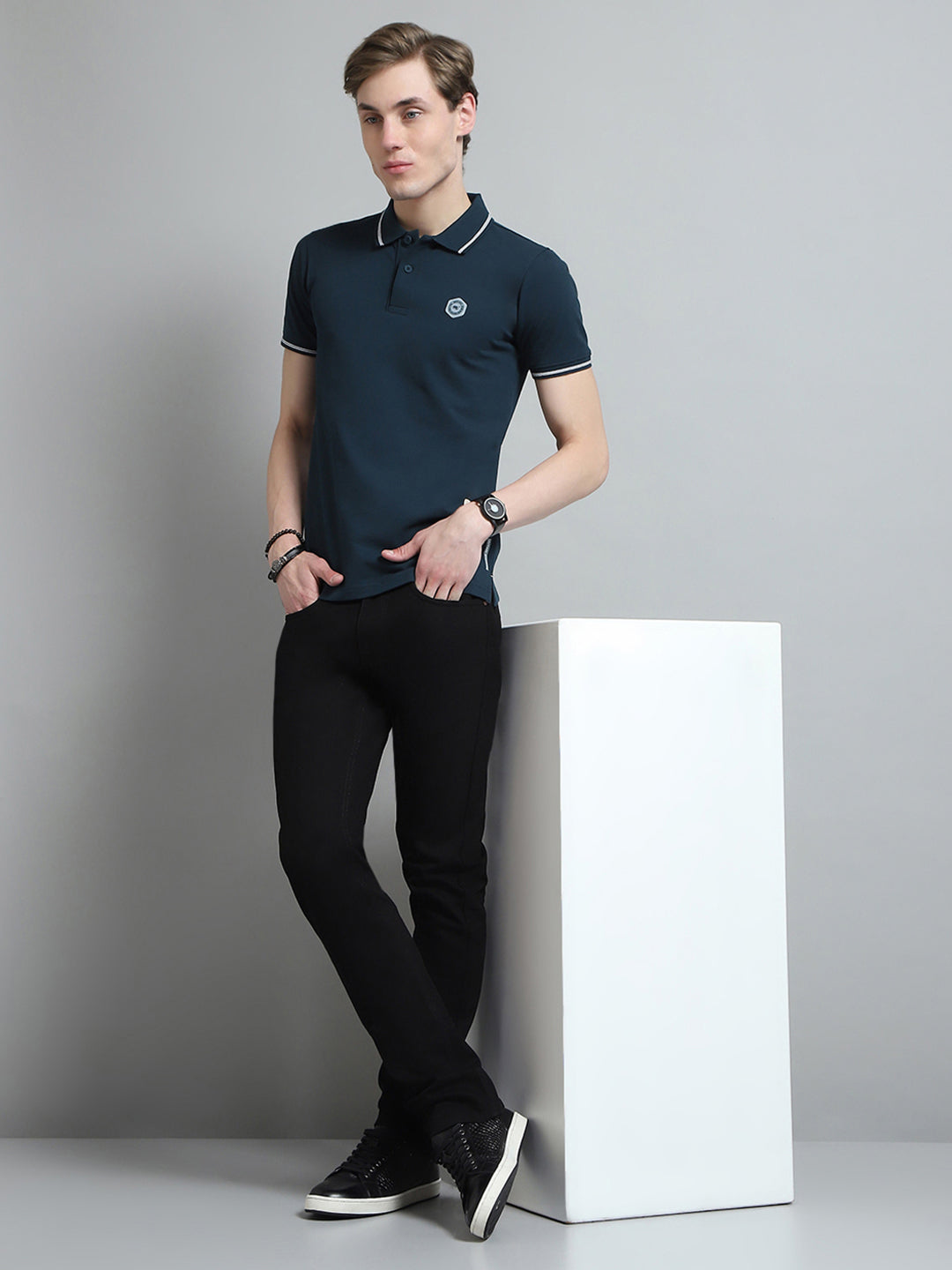 Men Teal Blue Solid Collar Half Sleeve T-Shirt