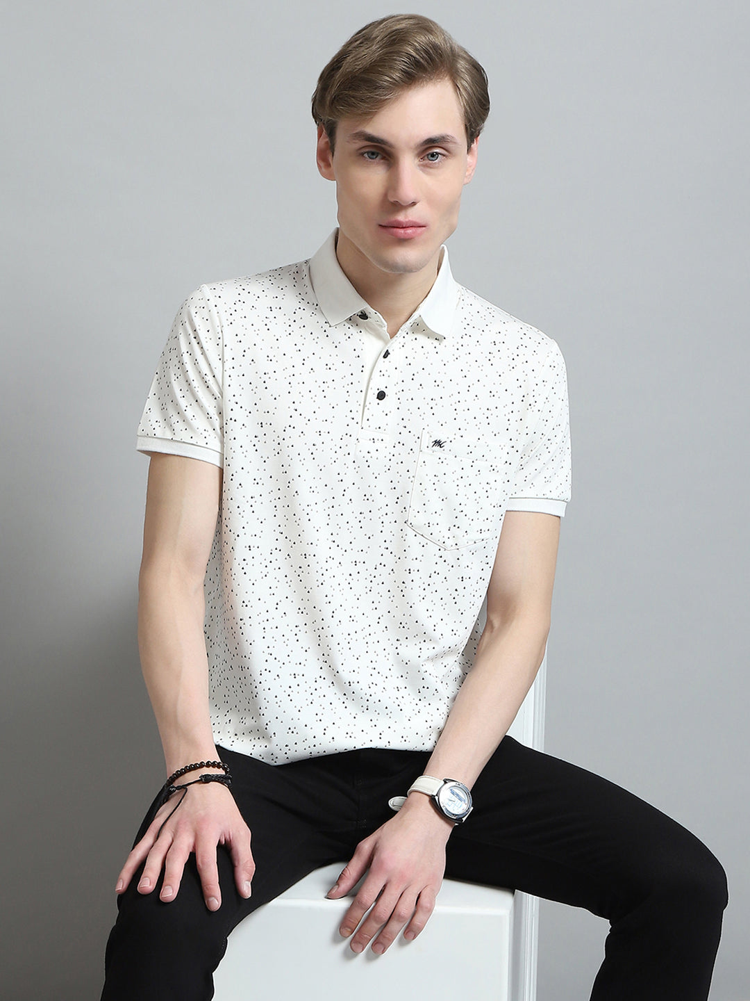 Men White Printed Collar Half Sleeve T-Shirt