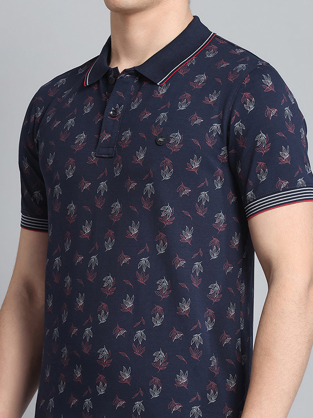 Men Navy Blue Printed Collar Half Sleeve T-Shirt