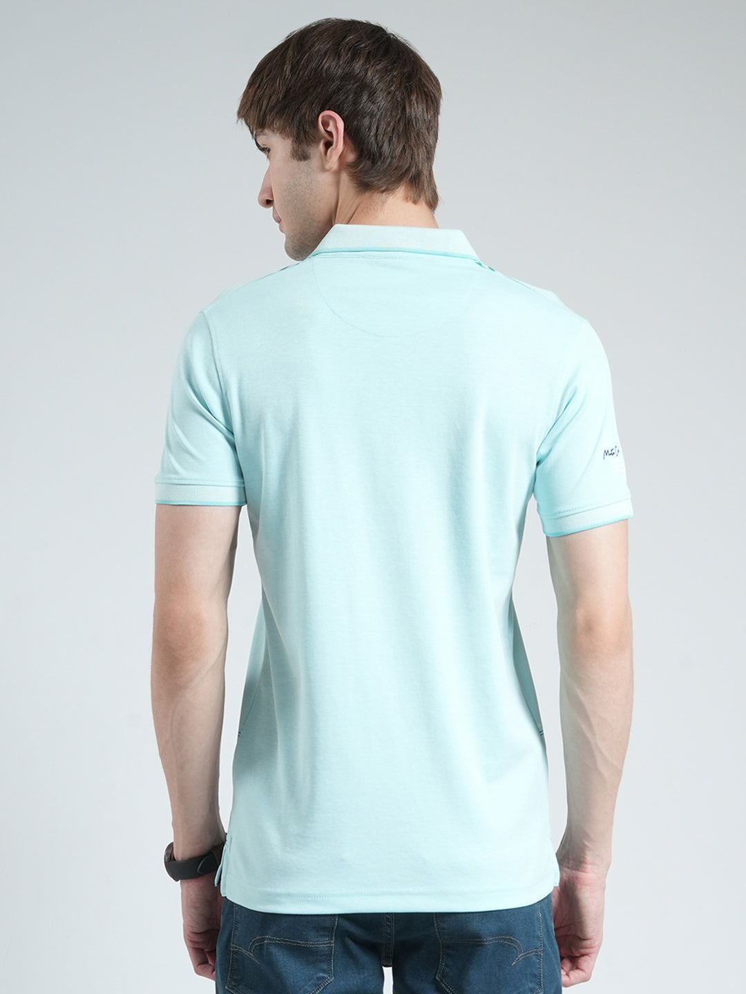 Men Blue Printed Collar Half Sleeve T-Shirt