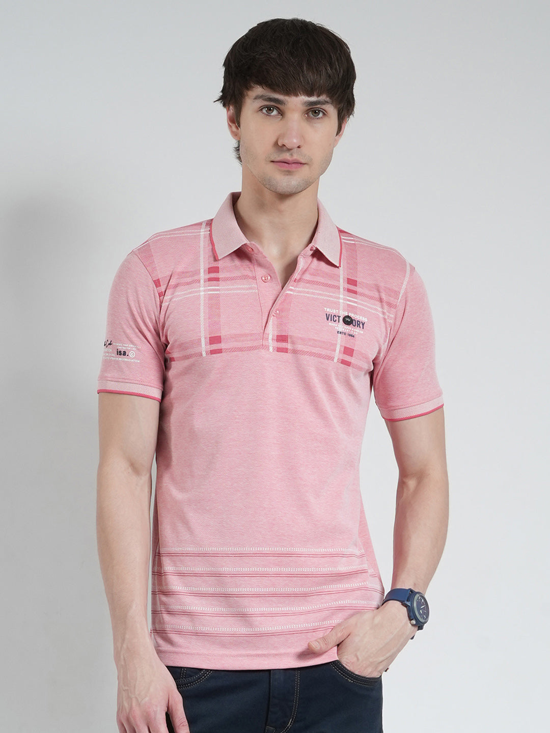 Men Pink Printed Collar Half Sleeve T-Shirt