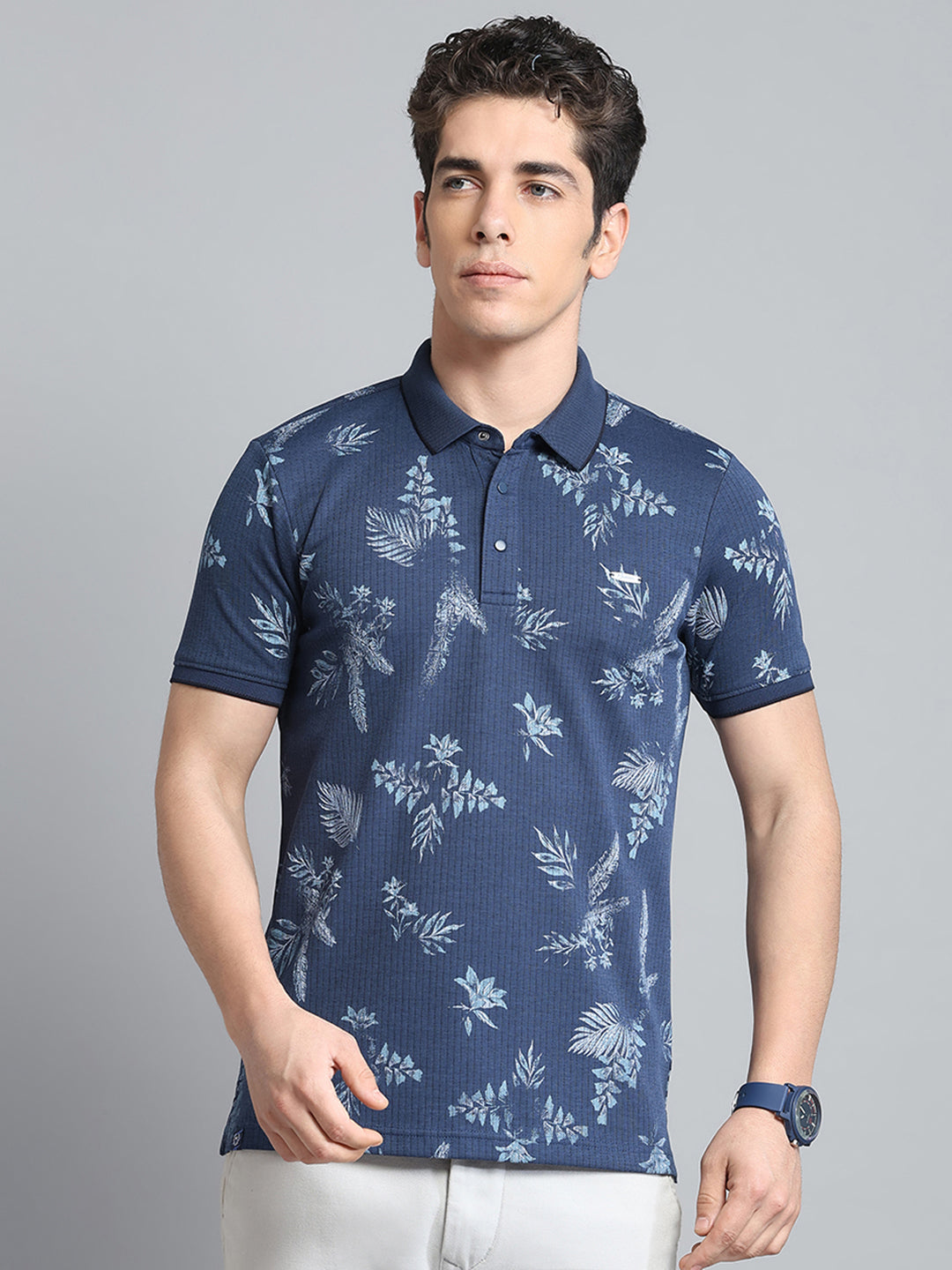Men Blue Printed Collar Half Sleeve T-Shirt