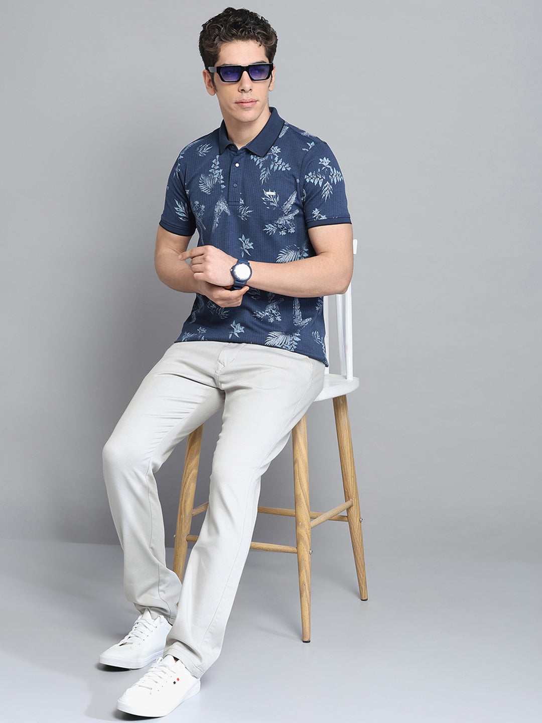 Men Blue Printed Collar Half Sleeve T-Shirt