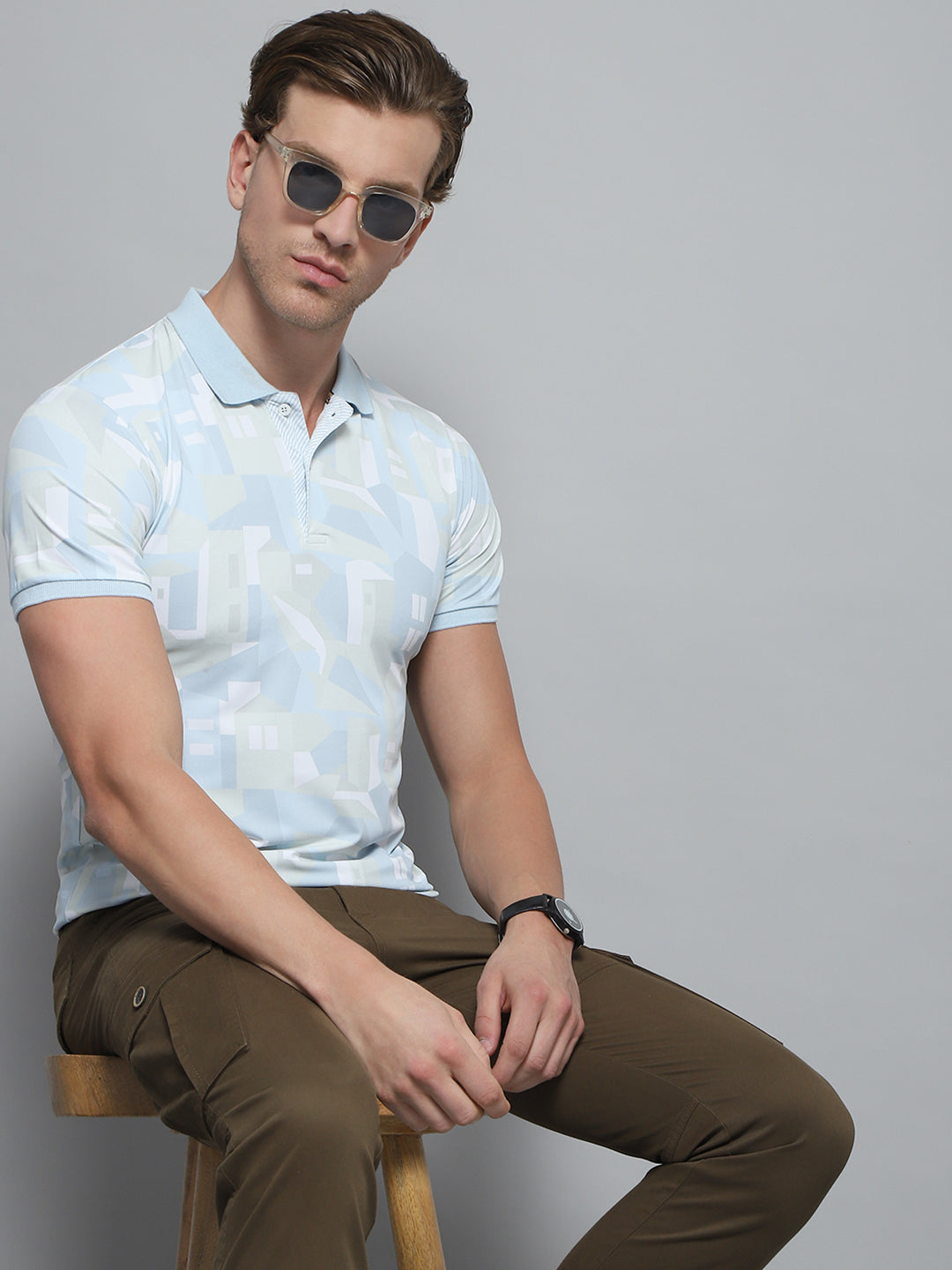 Men Blue Printed Collar Half Sleeve T-Shirt