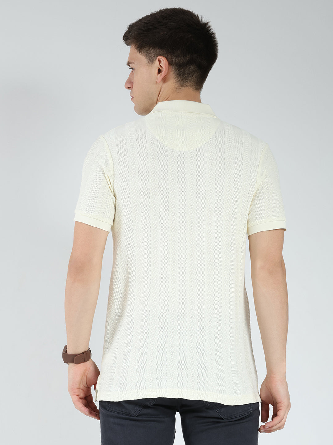 Men Off White Self Design Collar Half Sleeve T-Shirt