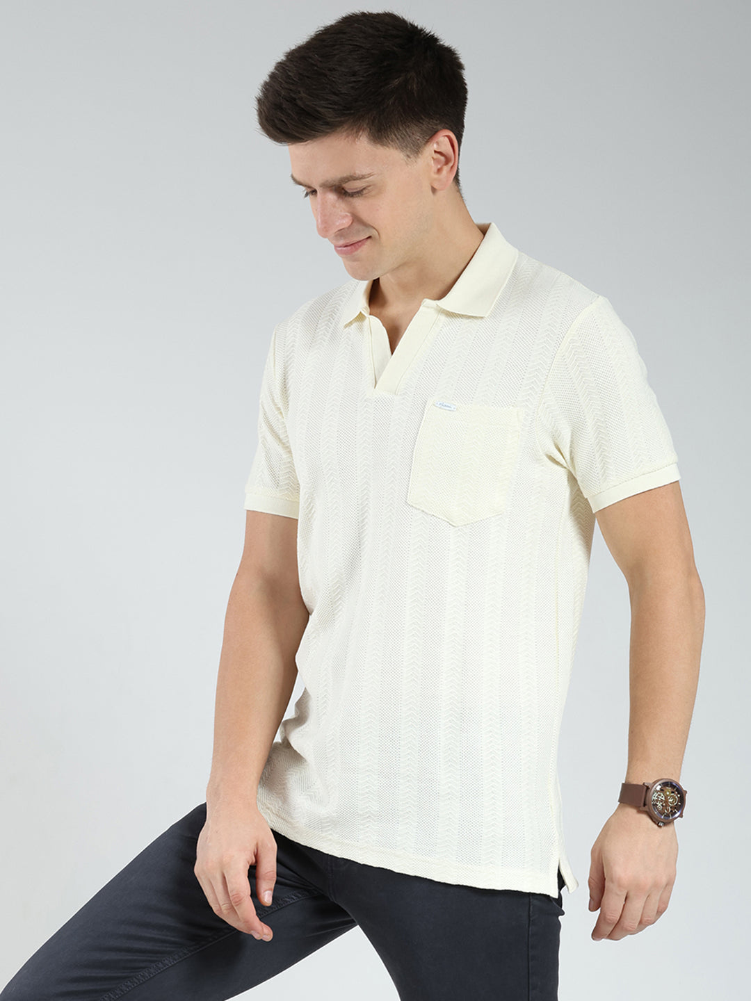 Men Off White Self Design Collar Half Sleeve T-Shirt