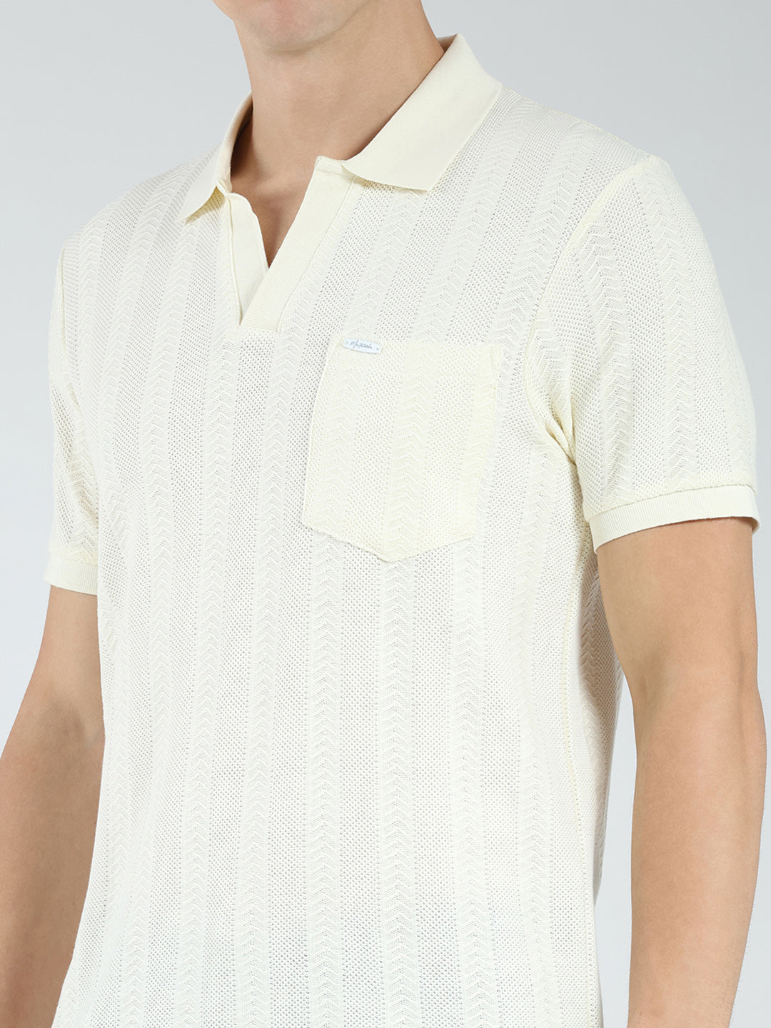 Men Off White Self Design Collar Half Sleeve T-Shirt