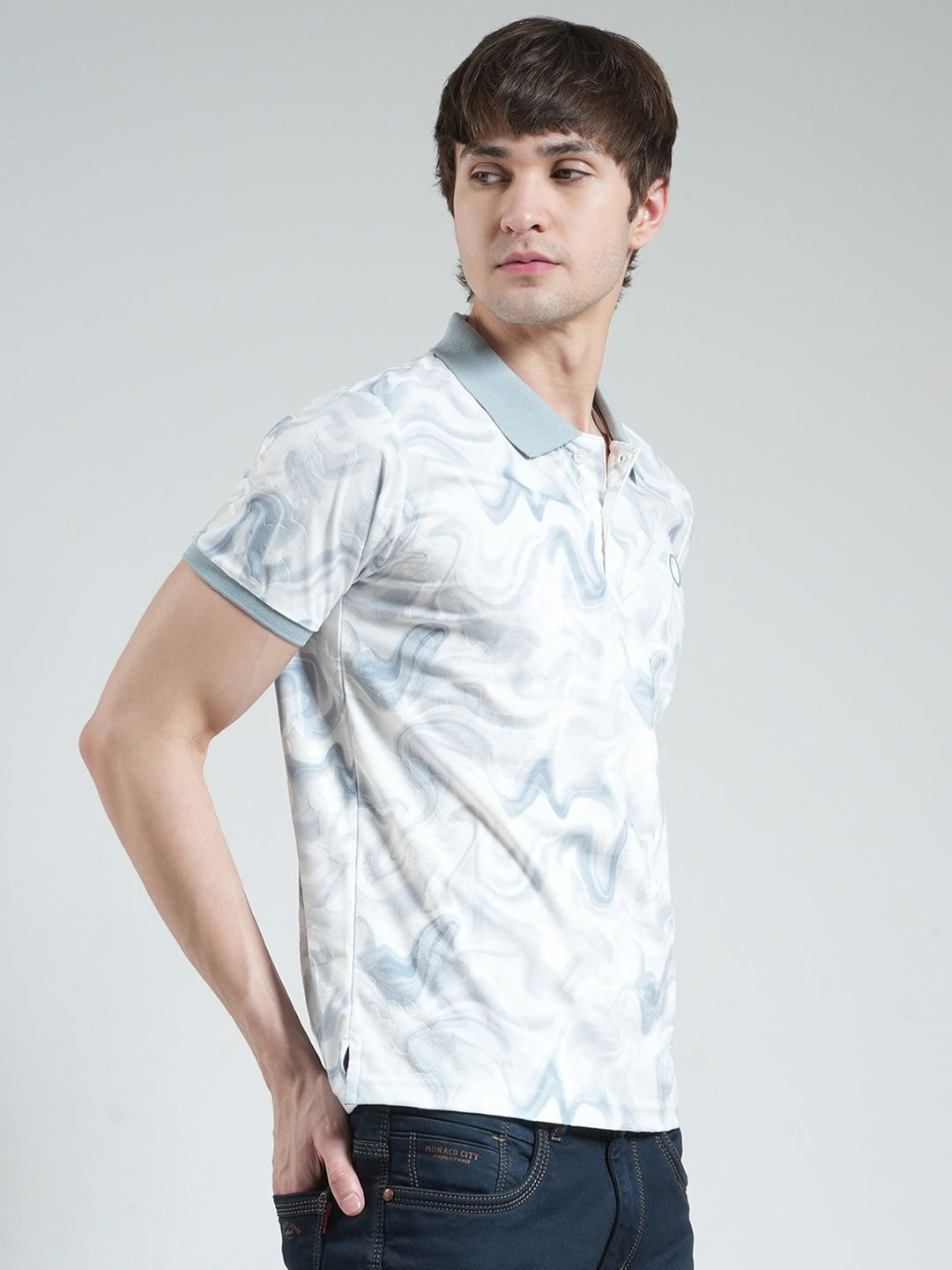 Men Blue Printed Collar Half Sleeve T-Shirt