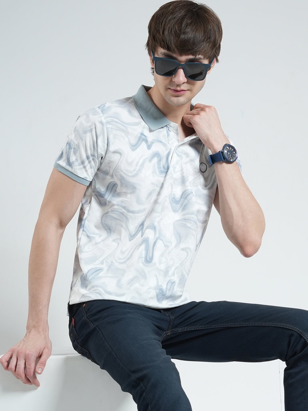 Men Blue Printed Collar Half Sleeve T-Shirt