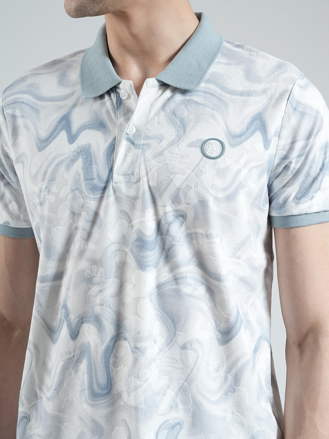 Men Blue Printed Collar Half Sleeve T-Shirt