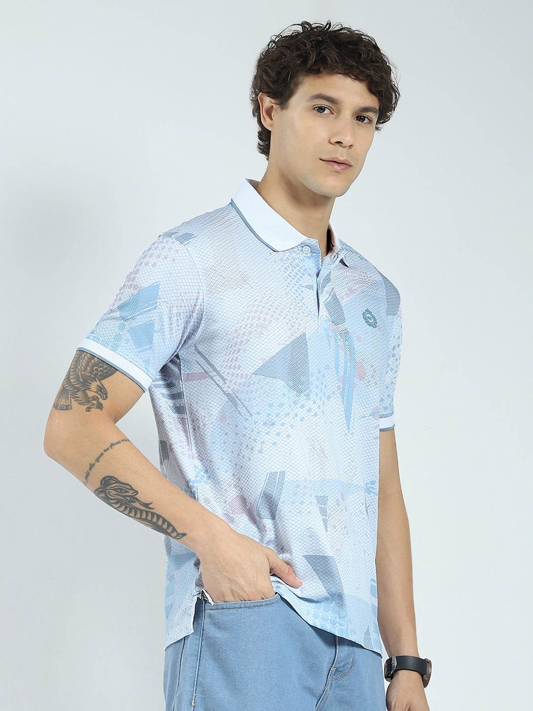 Men Blue Printed Collar Half Sleeve T-Shirt