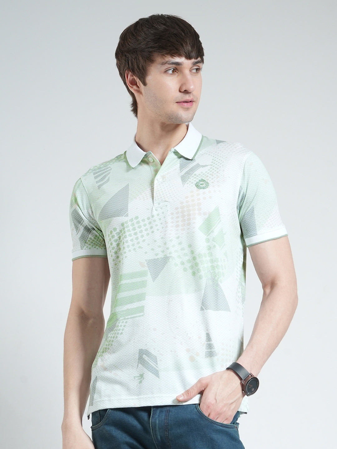 Men Green Printed Collar Half Sleeve T-Shirt