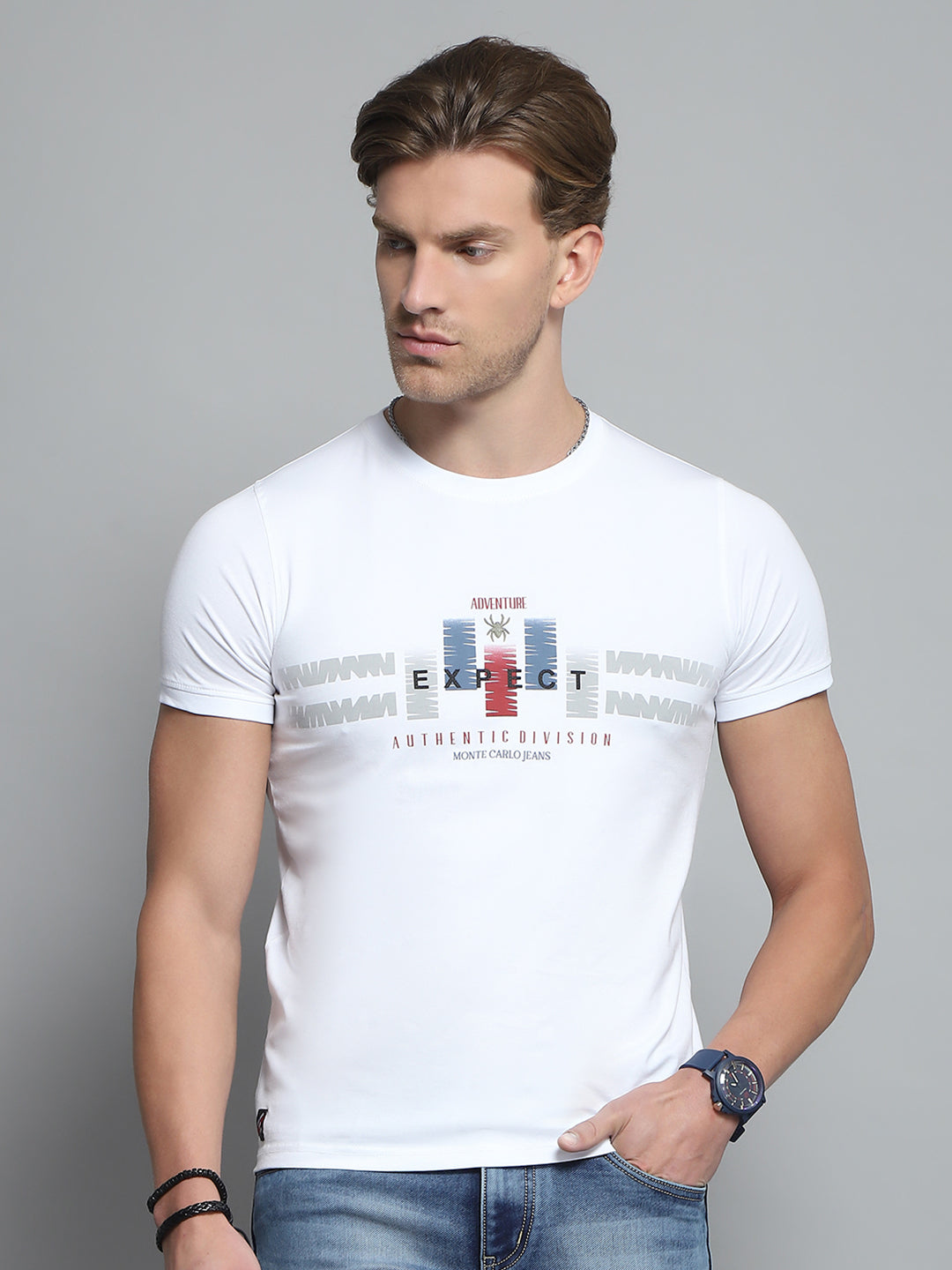 Men White Printed Round Neck Half Sleeve T-Shirt