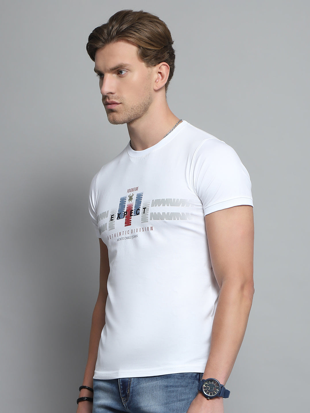 Men White Printed Round Neck Half Sleeve T-Shirt