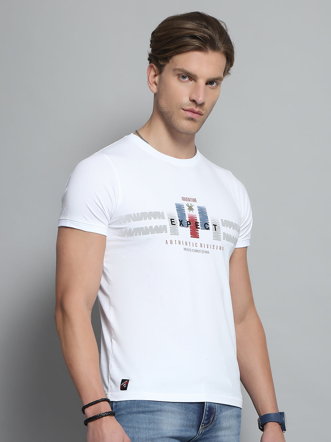 Men White Printed Round Neck Half Sleeve T-Shirt