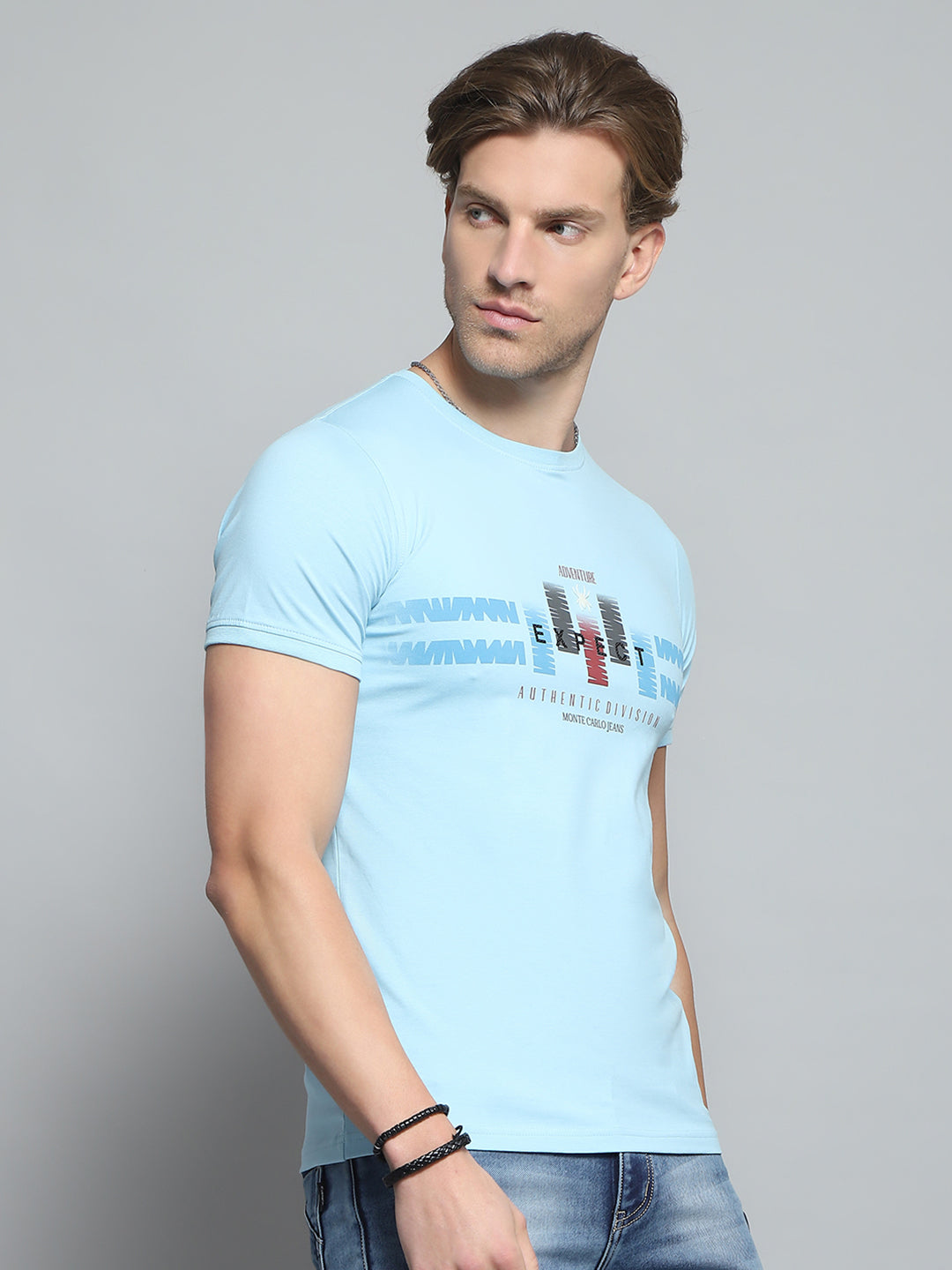 Men Blue Printed Round Neck Half Sleeve T-Shirt