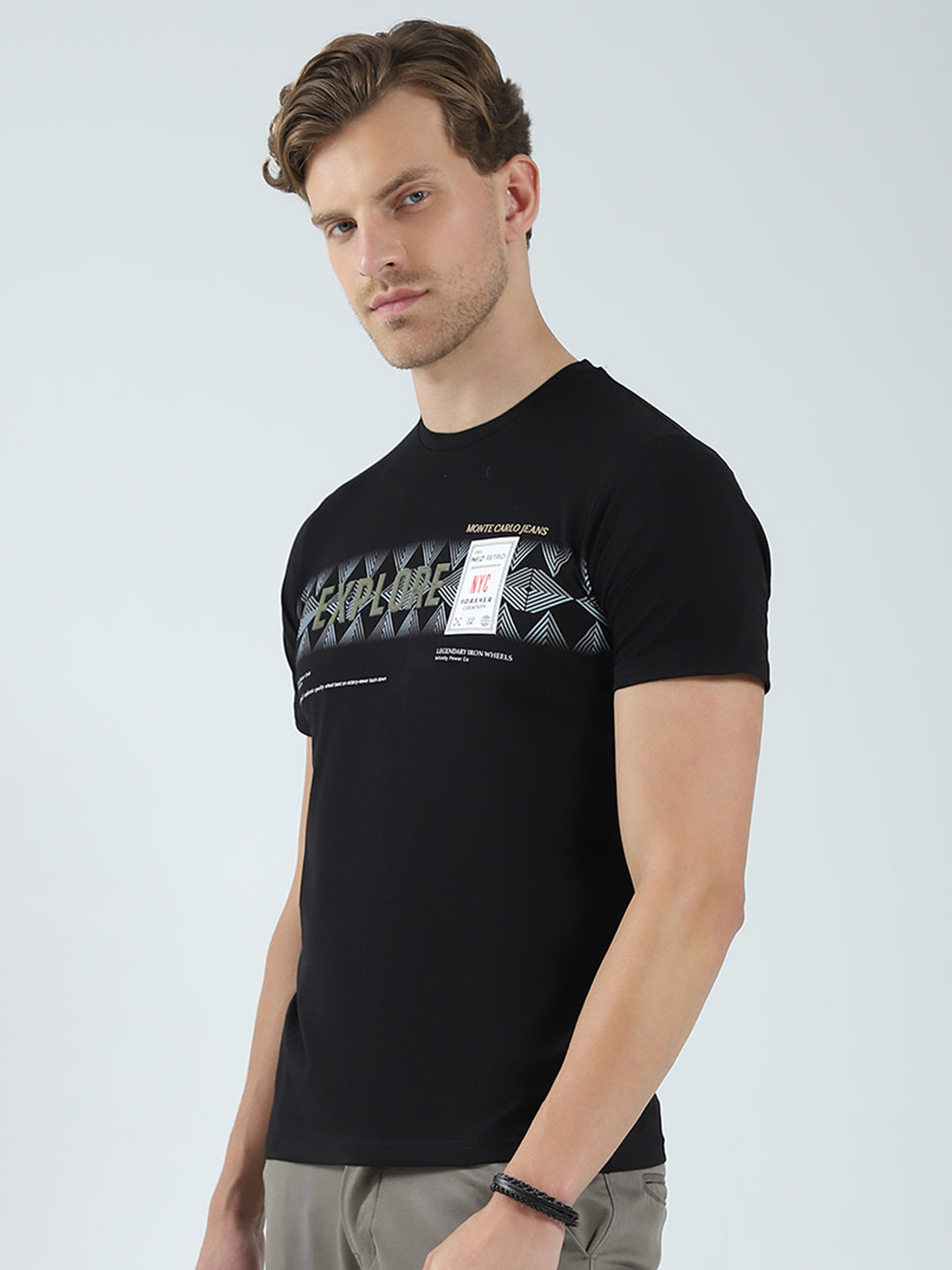 Men Black Printed Round Neck Half Sleeve T-Shirt
