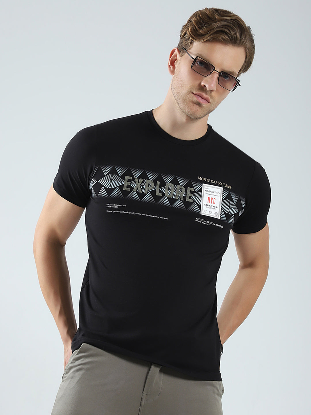 Men Black Printed Round Neck Half Sleeve T-Shirt