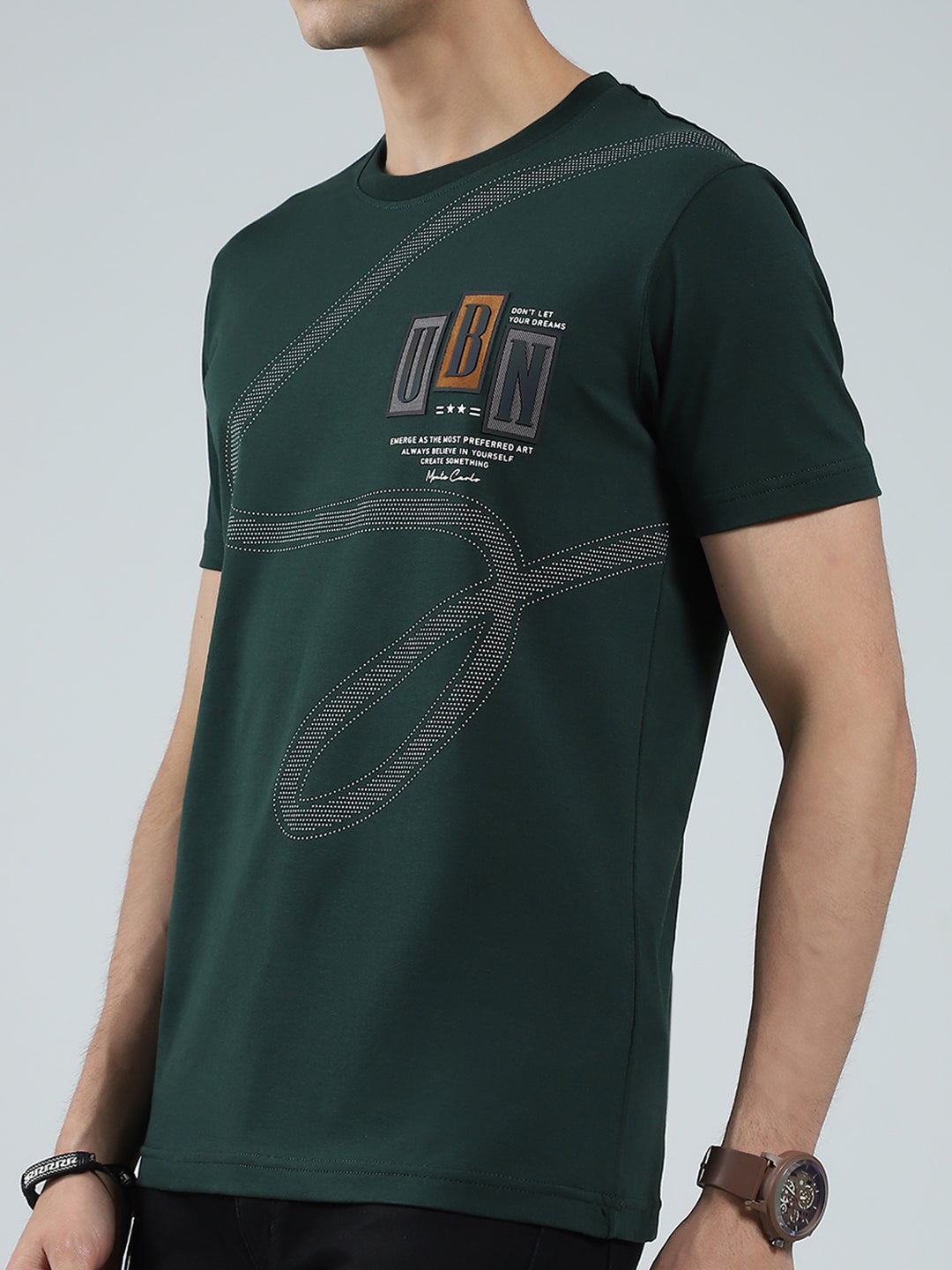 Men Green Printed Round Neck Half Sleeve T-Shirt