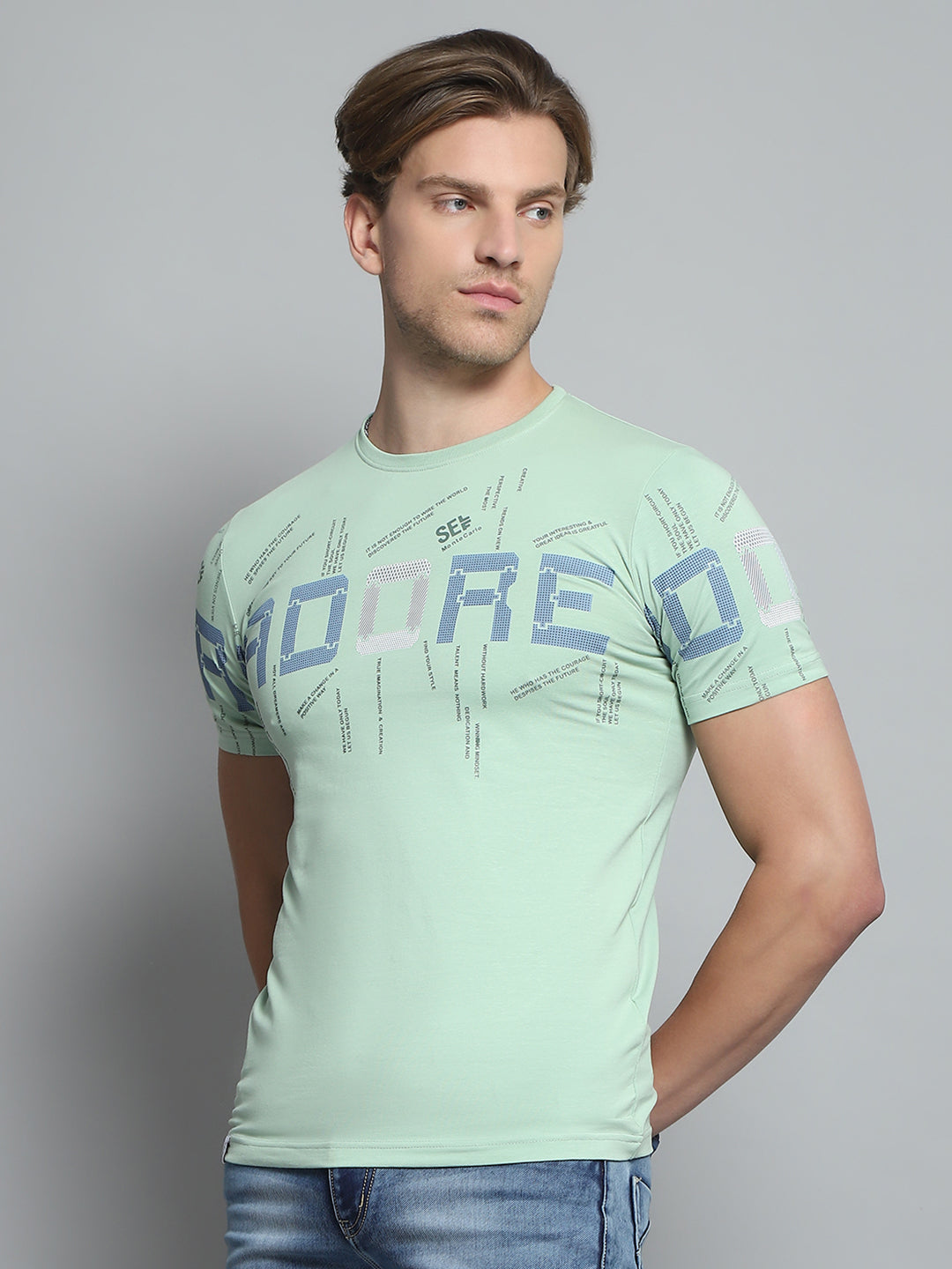 Men Green Printed Round Neck Half Sleeve T-Shirt