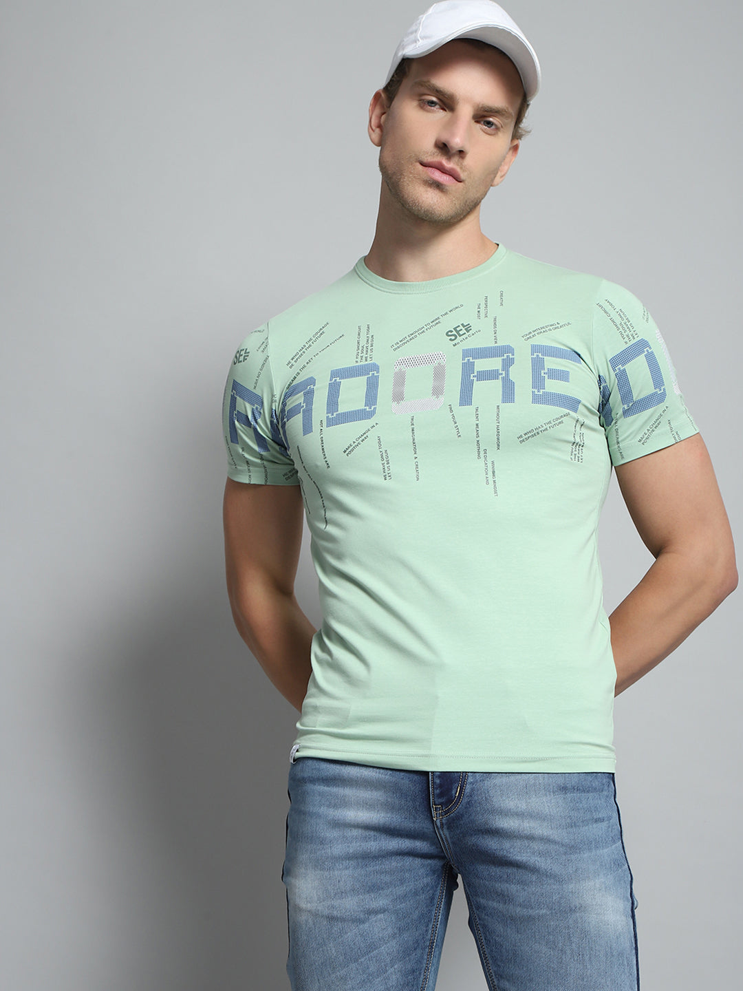 Men Green Printed Round Neck Half Sleeve T-Shirt