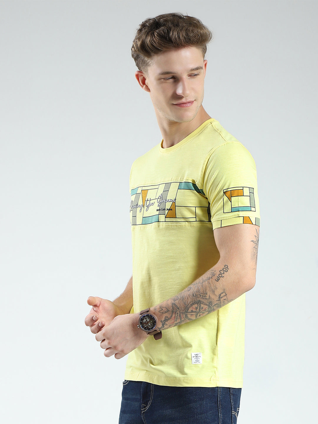 Men Yellow Printed Round Neck Half Sleeve T-Shirt