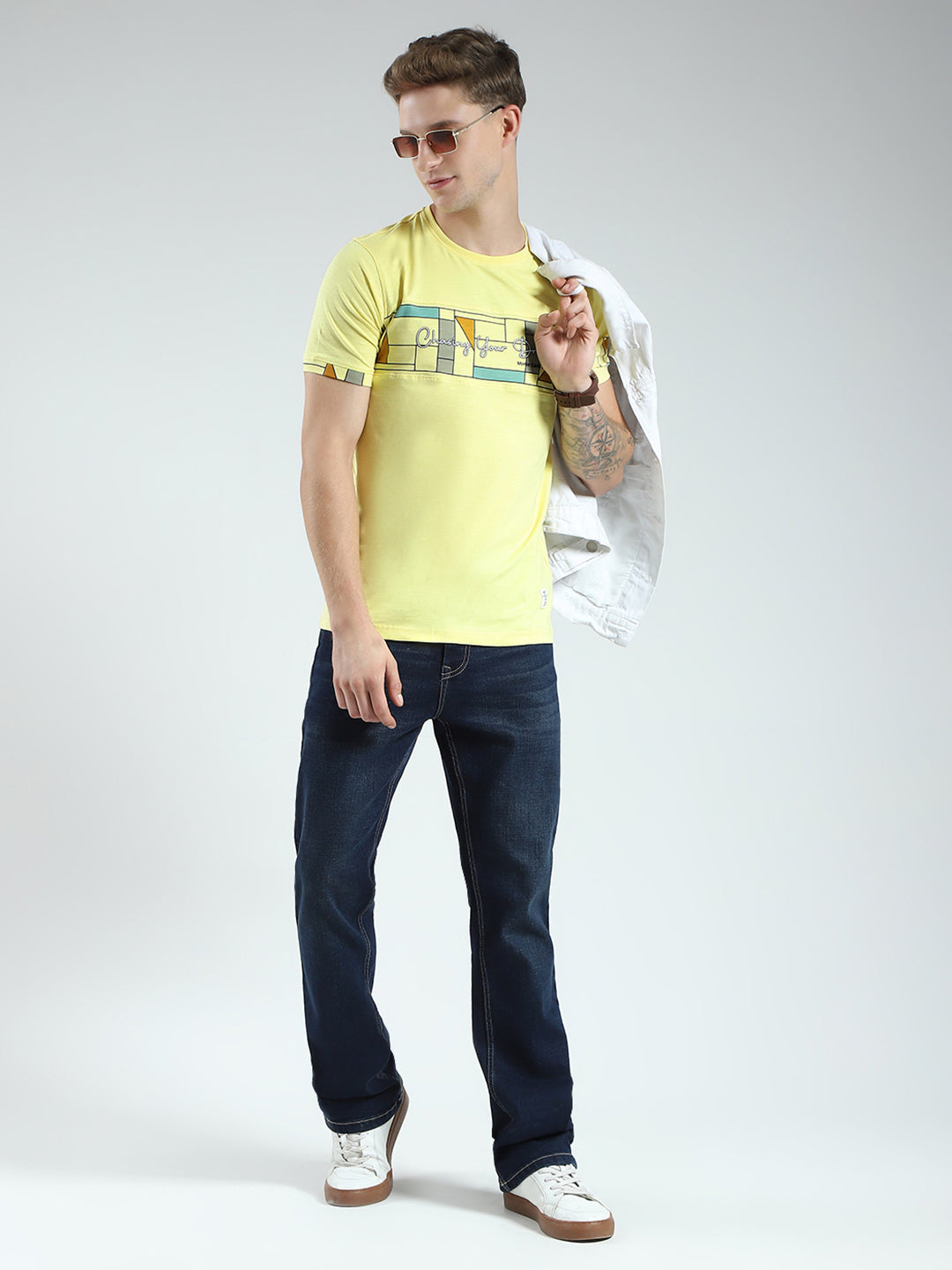 Men Yellow Printed Round Neck Half Sleeve T-Shirt