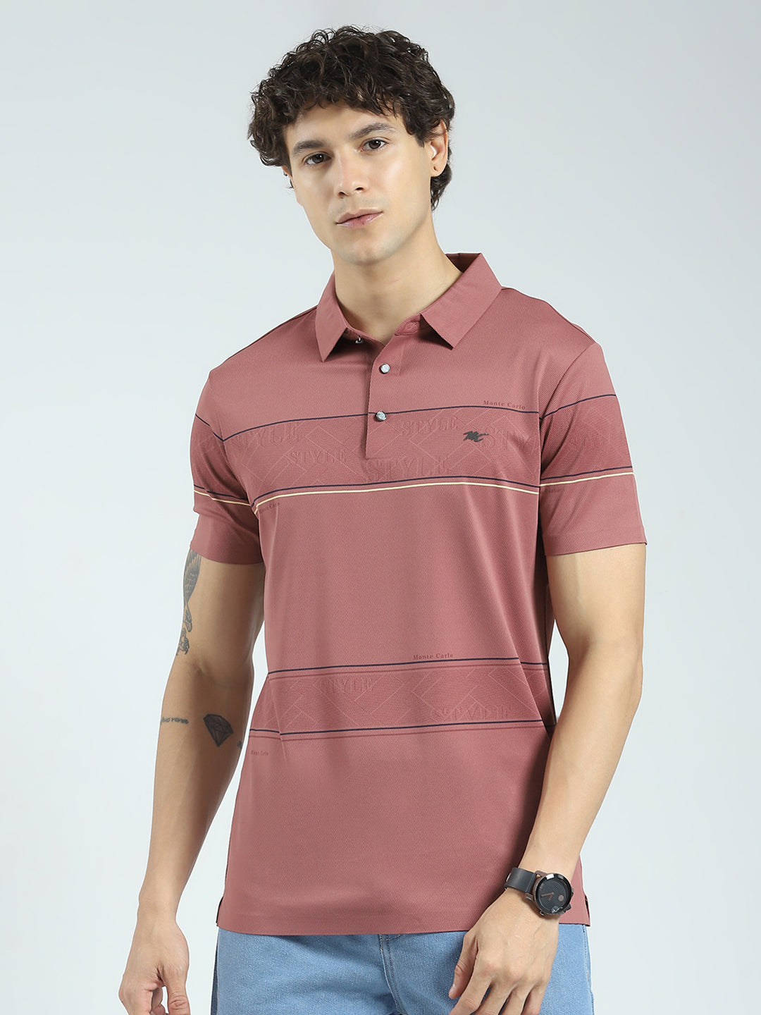 Men Pink Stripe Collar Half Sleeve T-Shirt