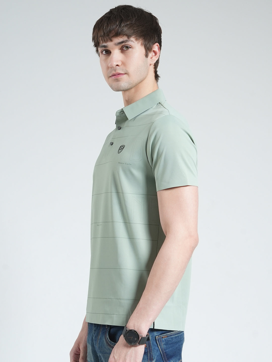 Men Green Stripe Collar Half Sleeve T-Shirt