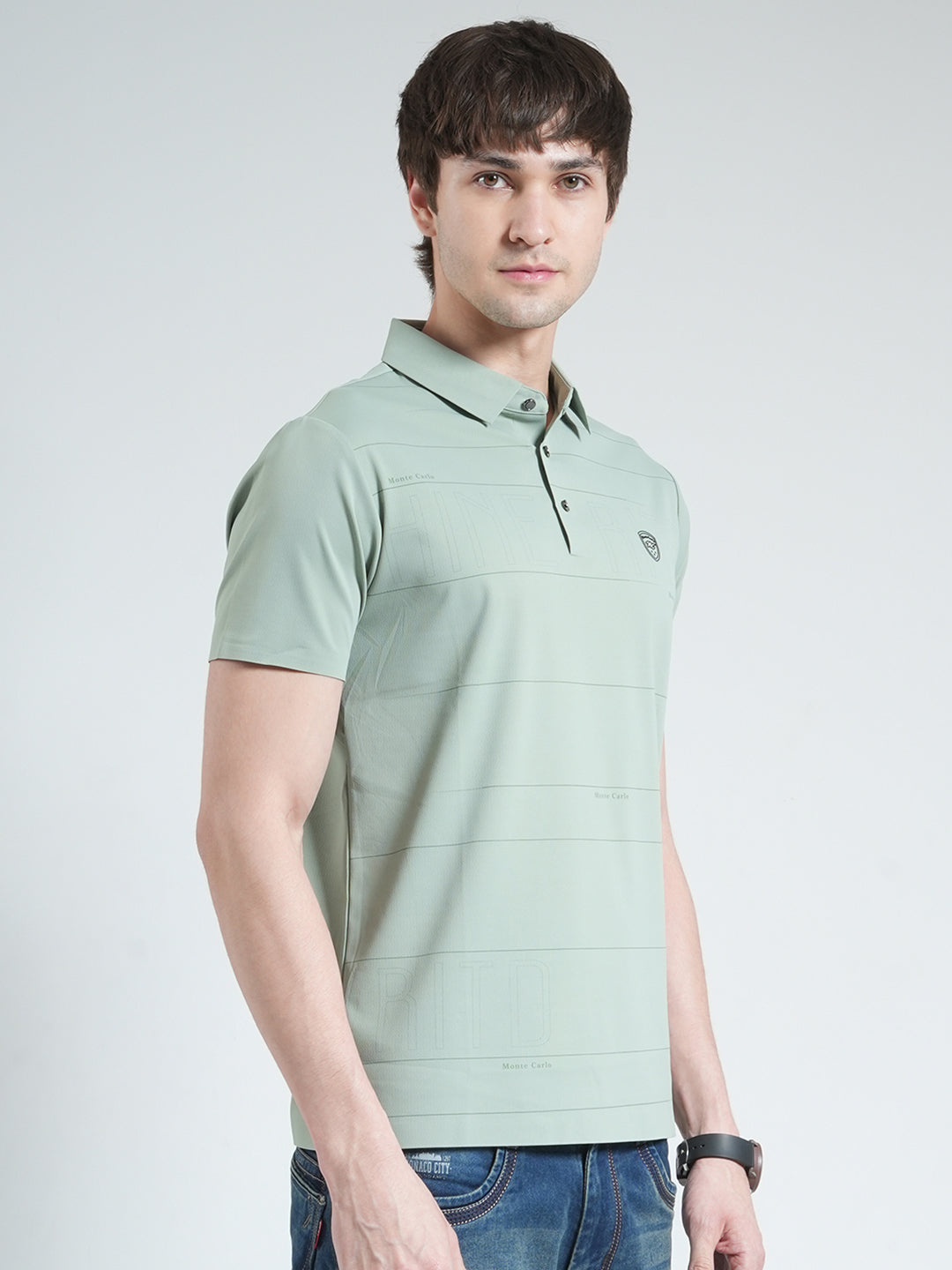 Men Green Stripe Collar Half Sleeve T-Shirt
