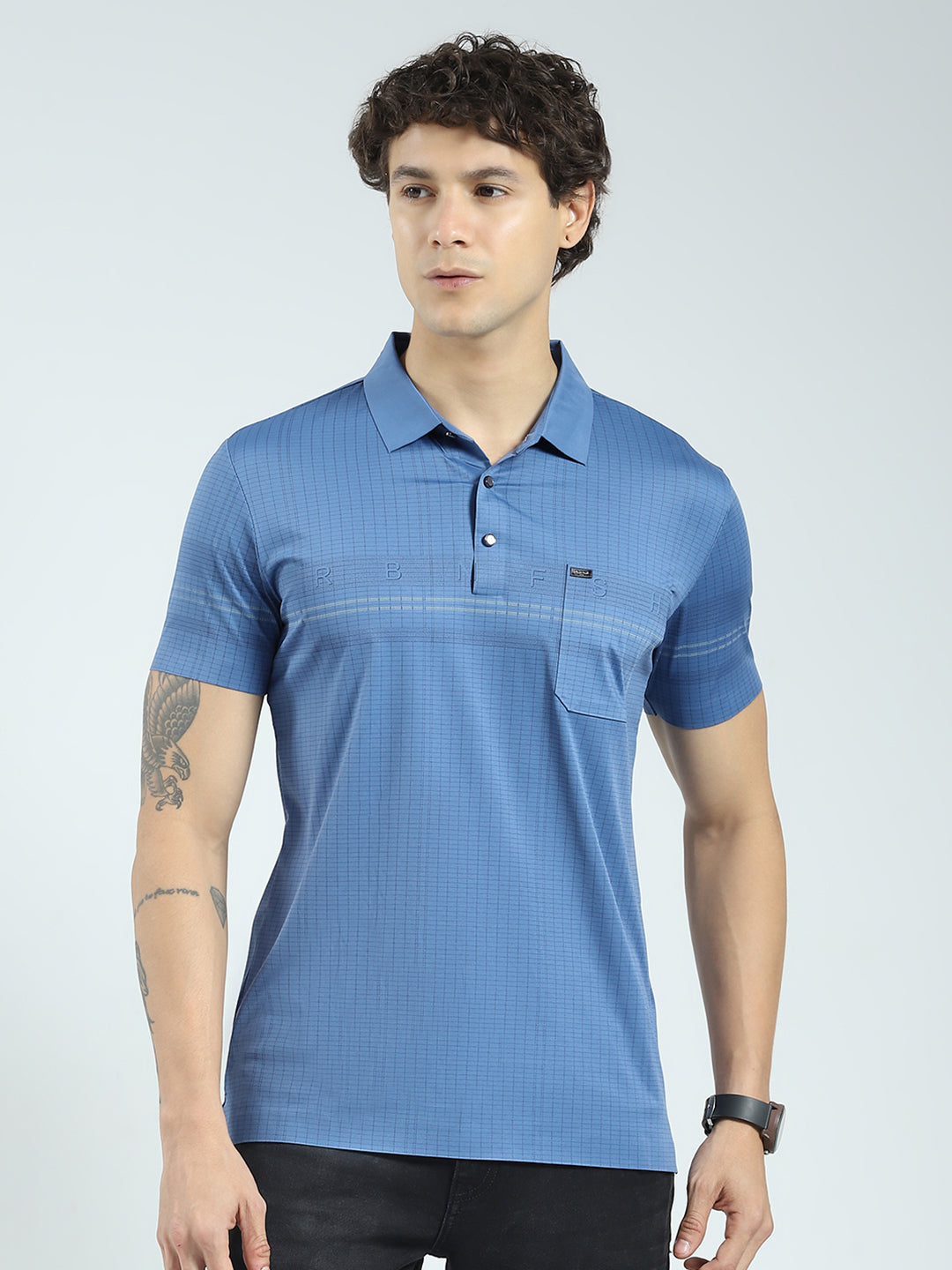 Men Blue Printed Collar Half Sleeve T-Shirt