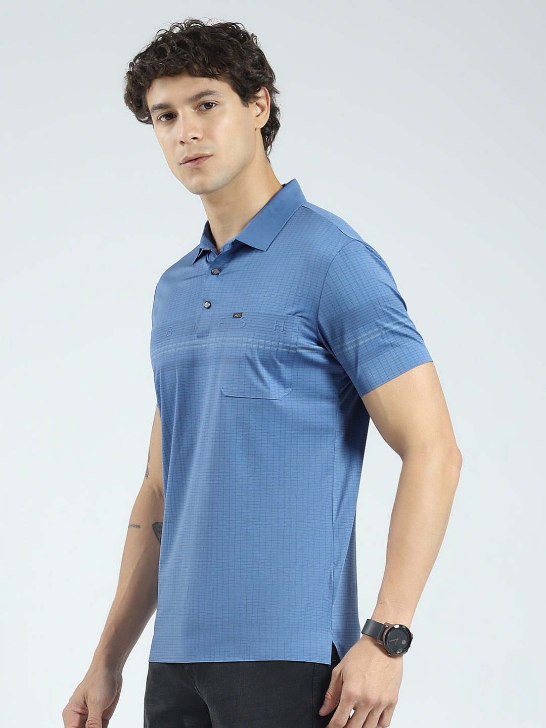 Men Blue Printed Collar Half Sleeve T-Shirt