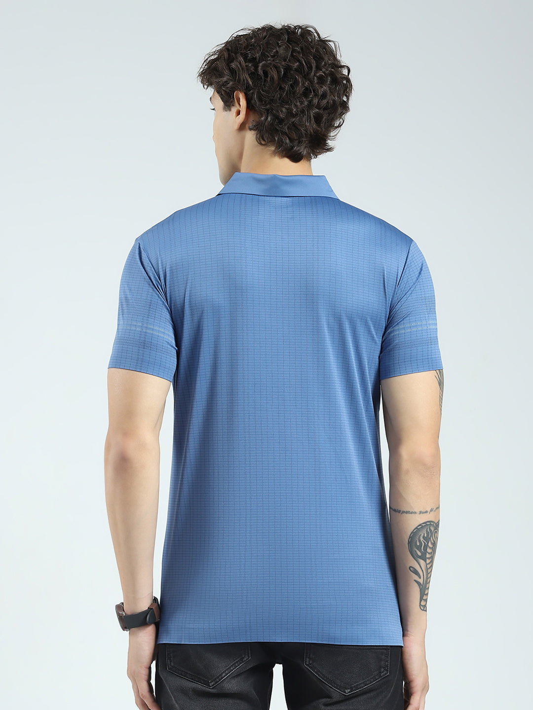 Men Blue Printed Collar Half Sleeve T-Shirt