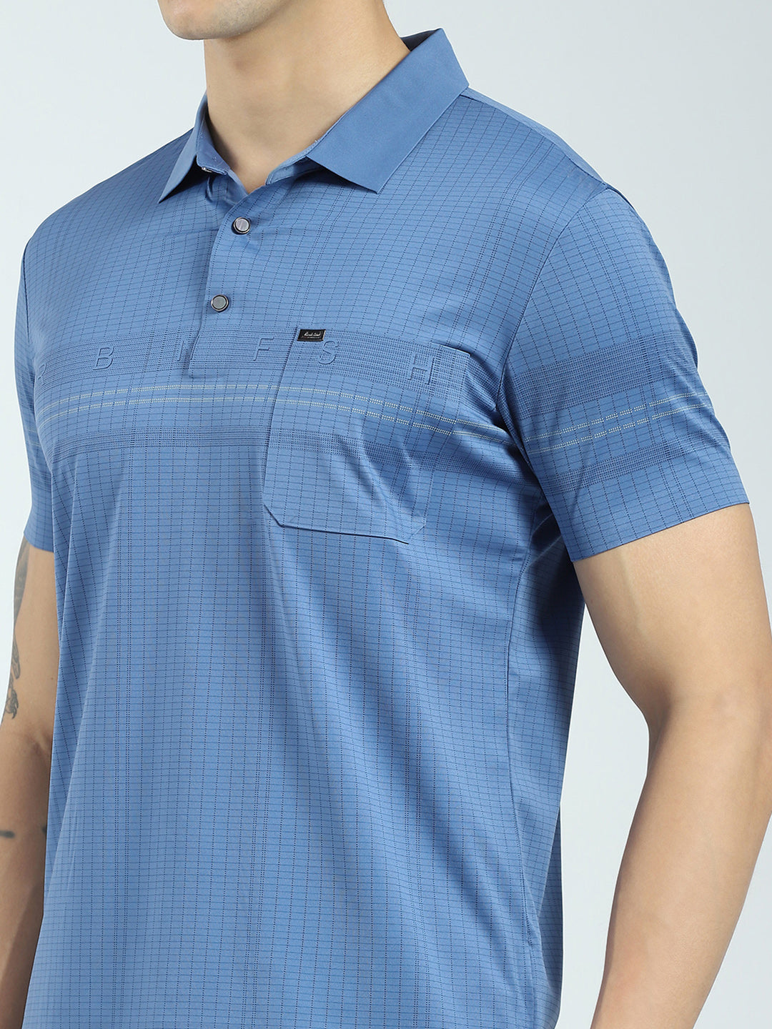 Men Blue Printed Collar Half Sleeve T-Shirt