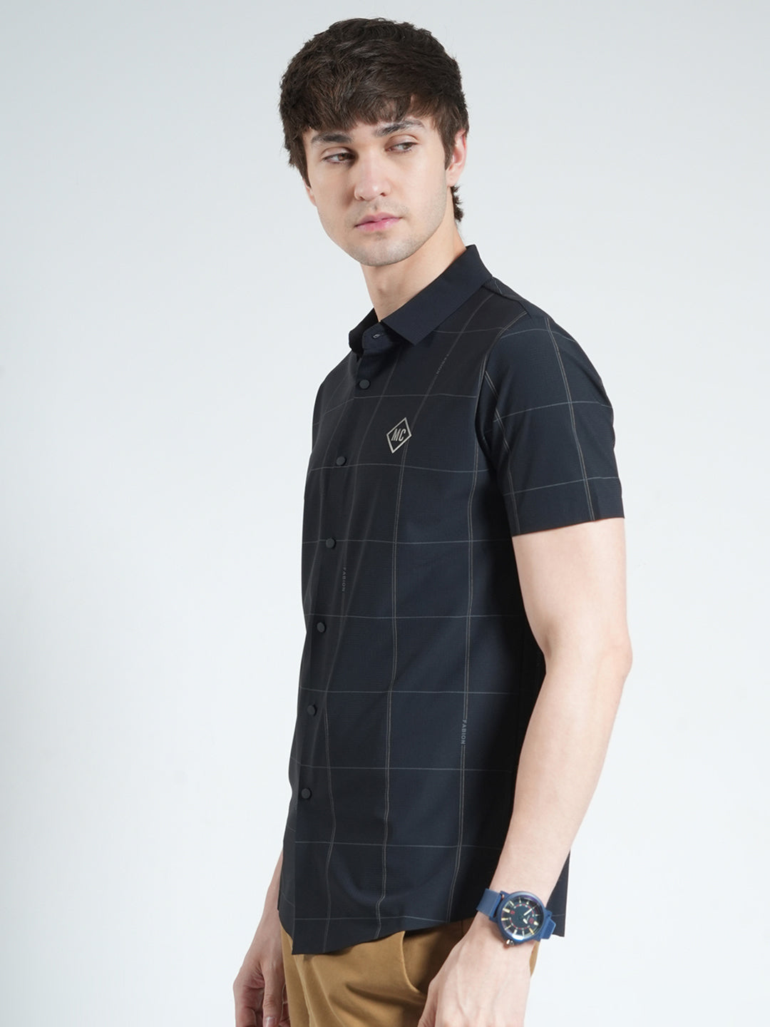 Men Black Printed Collar Half Sleeve Shirt