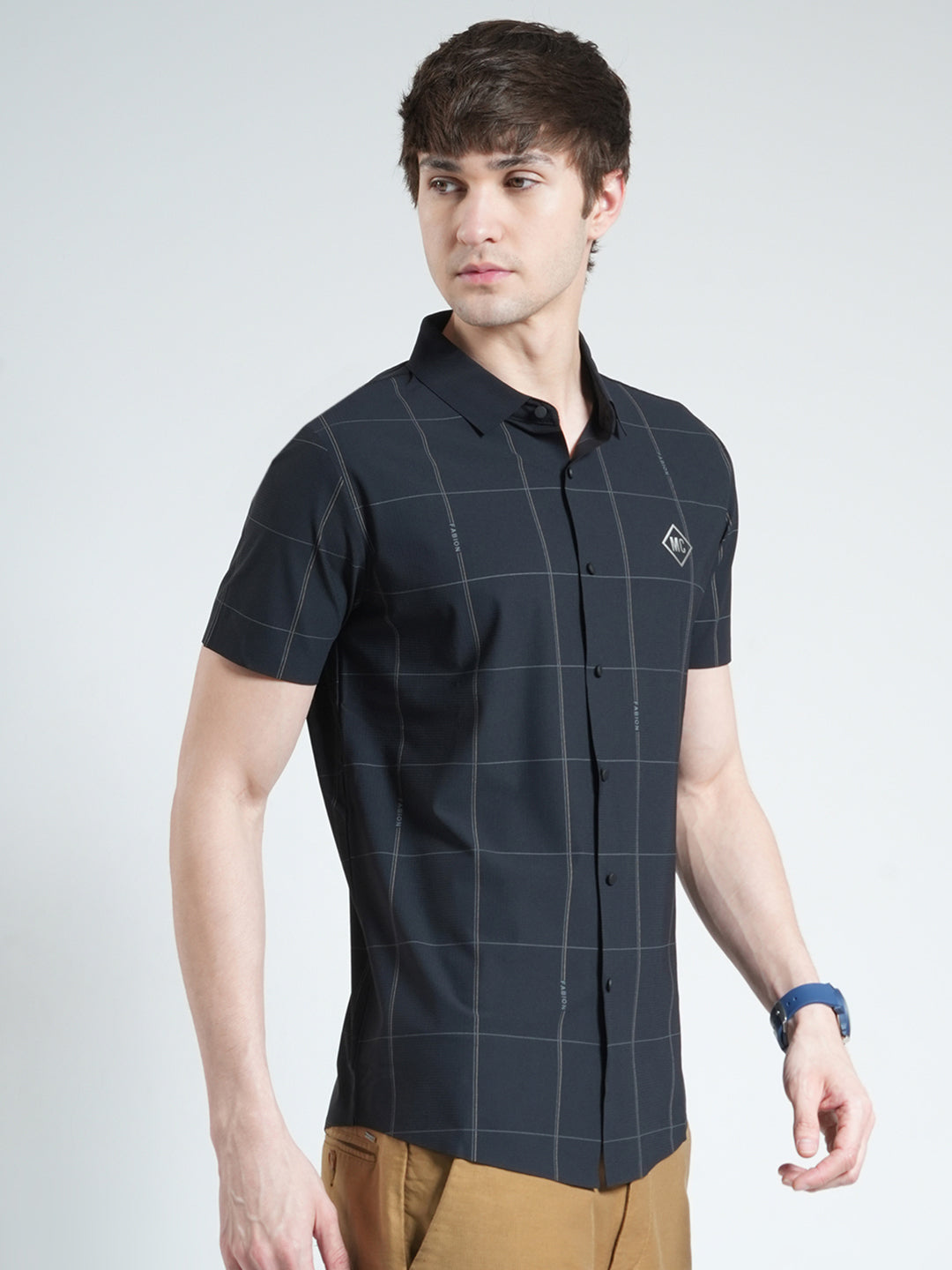 Men Black Printed Collar Half Sleeve Shirt