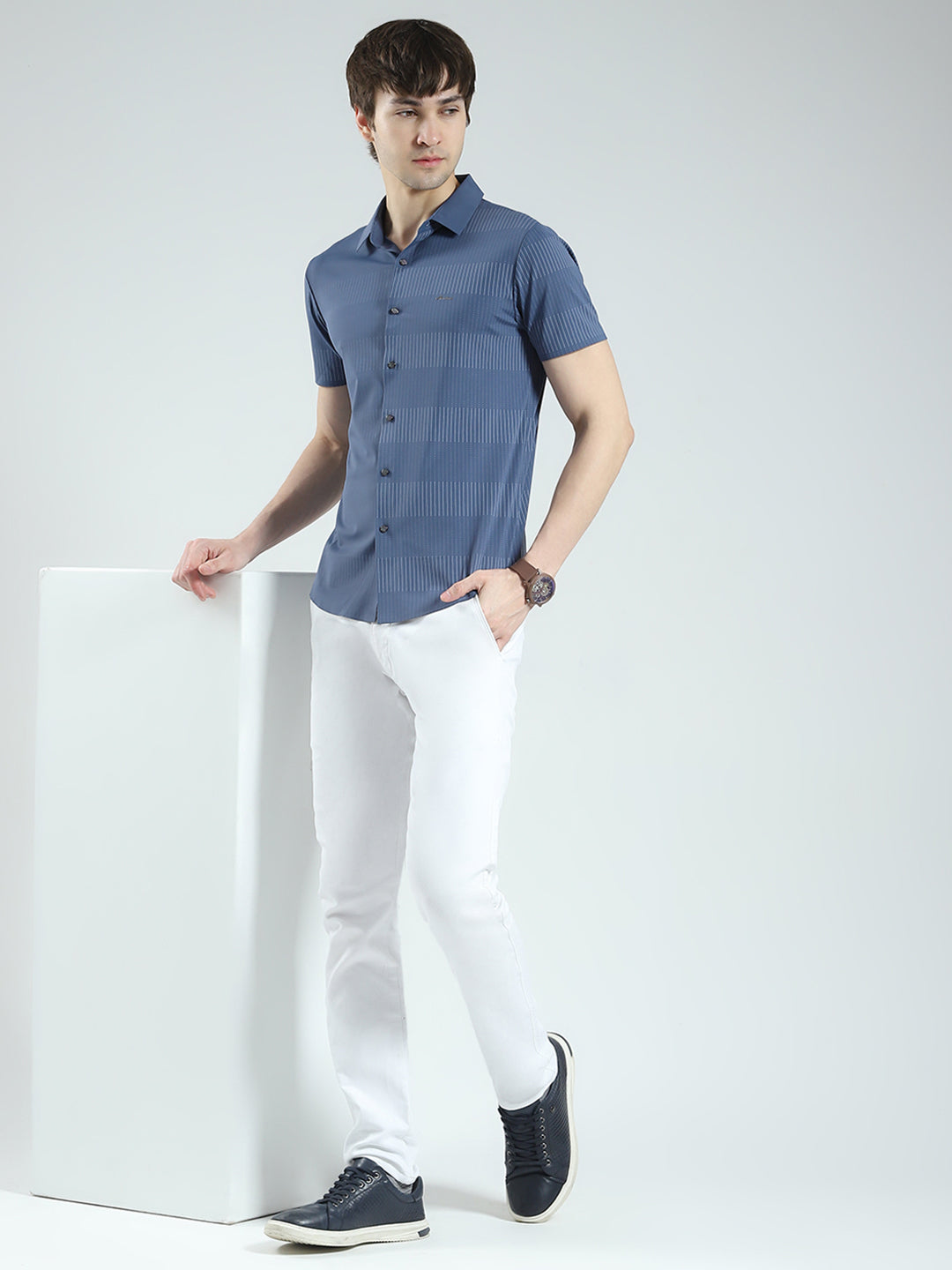 Men Blue Printed Collar Half Sleeve Shirt