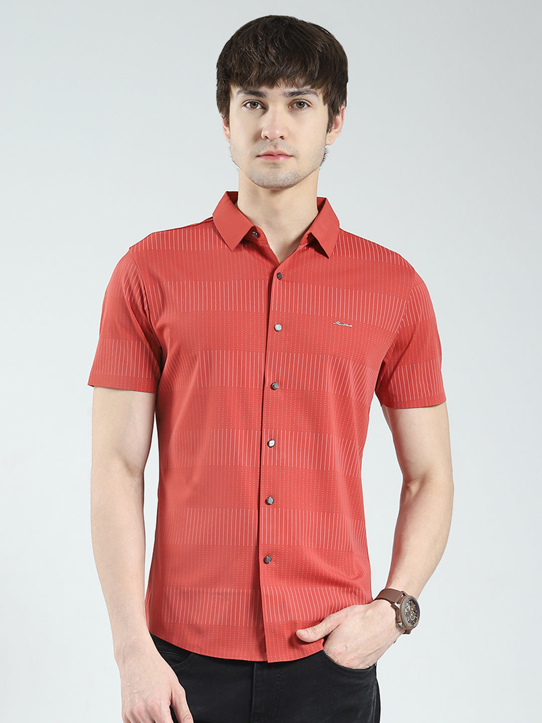 Men Rust Printed Collar Half Sleeve Shirt