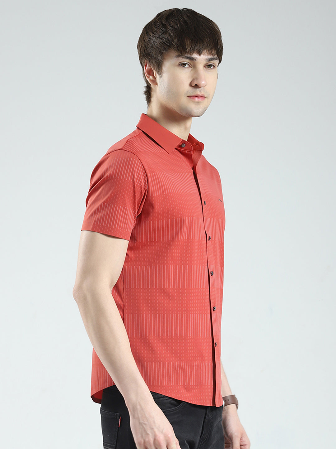 Men Rust Printed Collar Half Sleeve Shirt