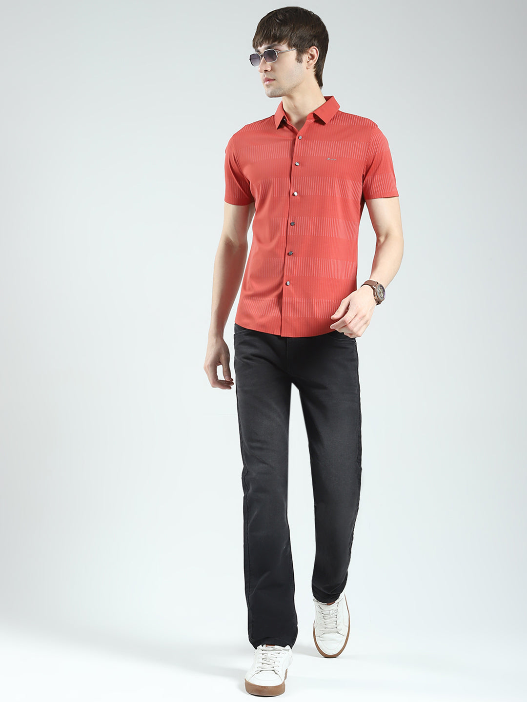 Men Rust Printed Collar Half Sleeve Shirt