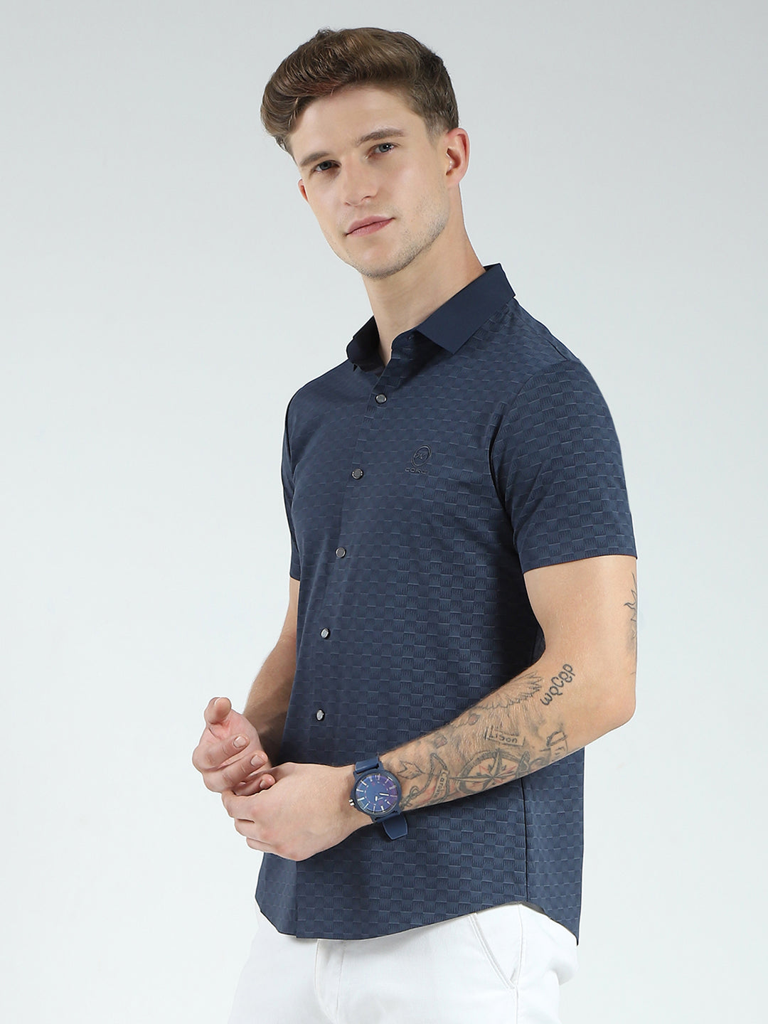 Men Navy Blue Printed Collar Half Sleeve Shirt