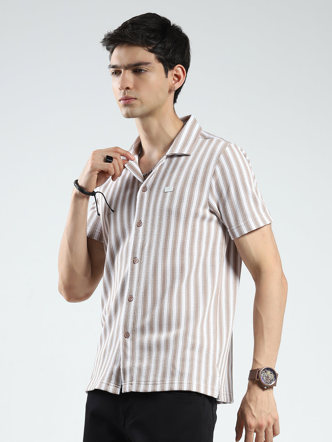 Men Brown Stripe Collar Half Sleeve Shirt