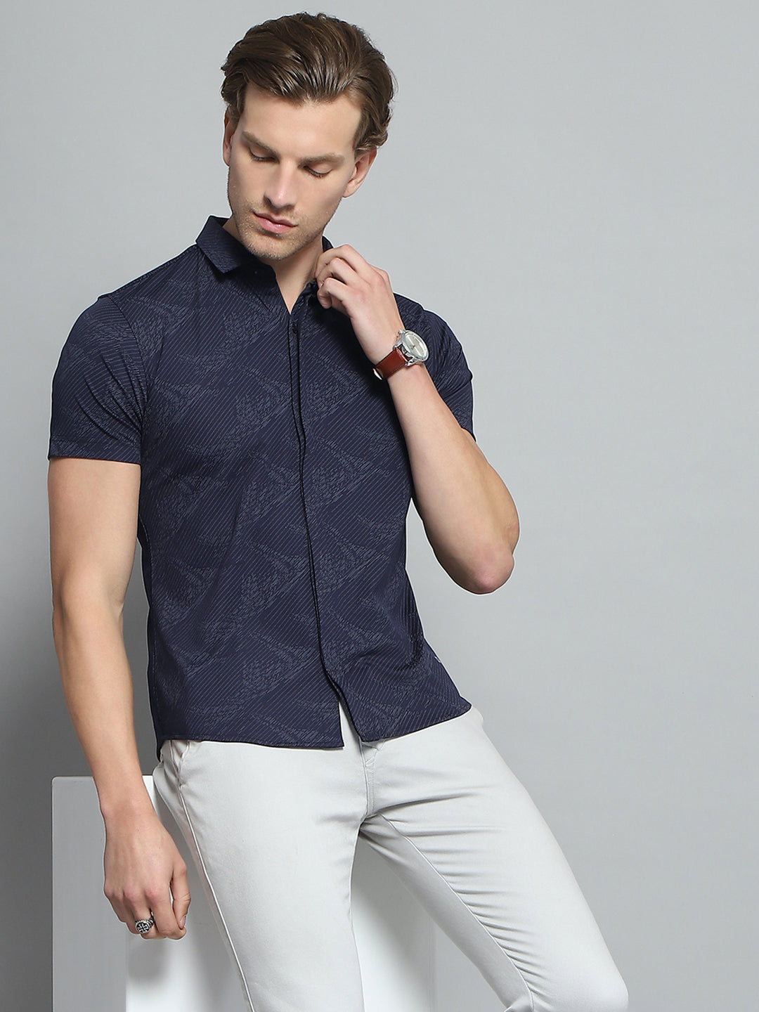 Men Navy Blue Printed Collar Half Sleeve Shirt