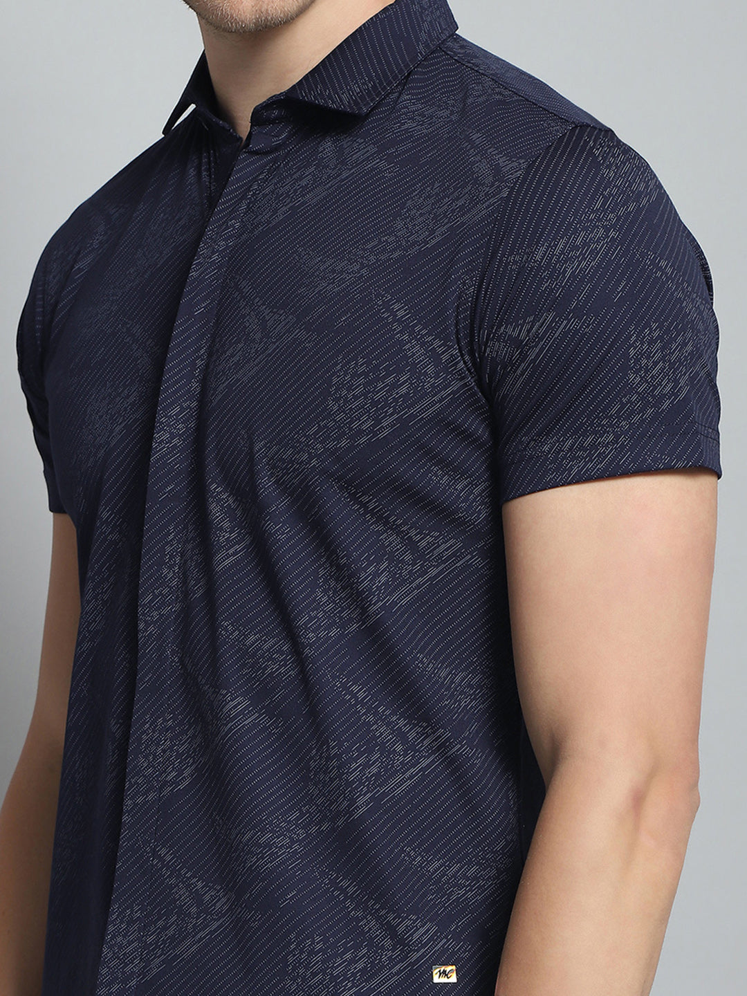 Men Navy Blue Printed Collar Half Sleeve Shirt