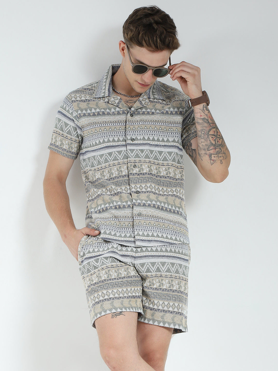 Men Green Printed Collar Half Sleeve Bermuda Set