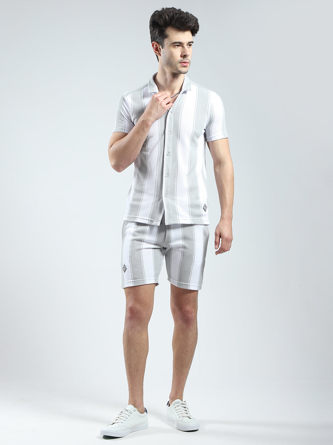 Men Grey Self Design Collar Half Sleeve Bermuda Set