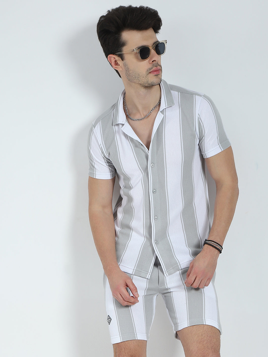 Men Grey Self Design Collar Half Sleeve Bermuda Set