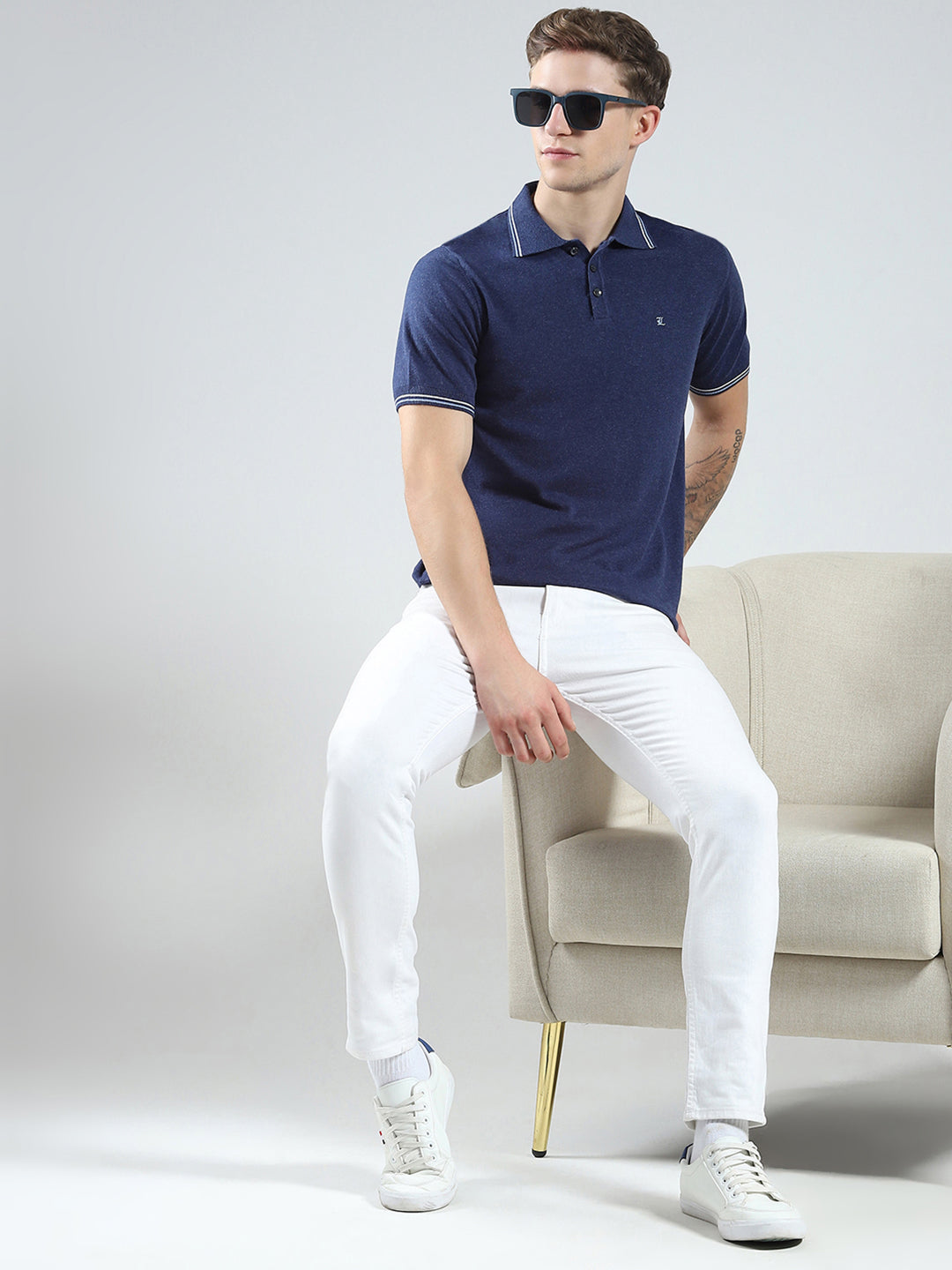 Luxuria Men Navy Blue Solid Collar Half Sleeve T-Shirt